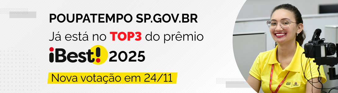 Atendente sorri ao lado do texto: Poupatempo SP.GOV.BR já está no TOP 3 do prêmio iBest 2025. Nova votação em 24/11.